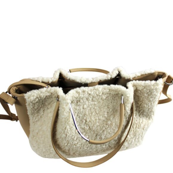 House Of Harlow 1960 Tan Cream Sherpa Shearling Detachable Wristlet Jumbo Tote - Picture 9 of 13